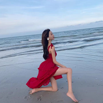 Holiday Red Sling Dress Women's Summer 2025 New Super Fairy Dress Sanya Travel Suitable For Beach Skirt